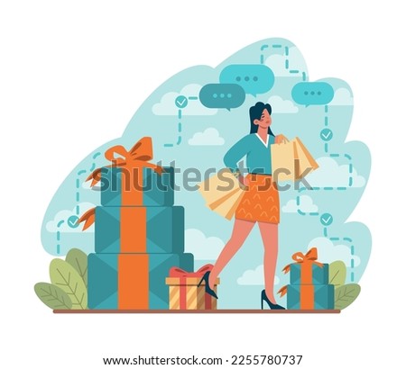 Happy people with gift boxes. Character holding, recieving or giving presents. Holiday event celebration or marketing promotion. Flat vector illustration