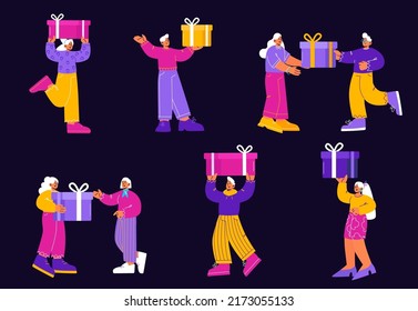 Gente feliz con cajas de regalo aisladas. Personajes alegres, hombres y mujeres, preparan regalos para la familia y amigos en día de boxeo, feriados o celebración de cumpleaños, ilustración vectorial plana de arte de línea