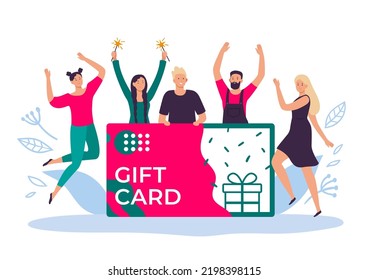 Happy people with gift card voucher enjoy. Illustration of gift voucher card, discount coupon vector certificate