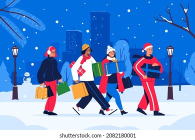 Happy people with gifts and bags walk along the snowy street. Men and women buying gifts at Christmas sale. Shopping on winter holidays. Cityscape background. Vector illustration.