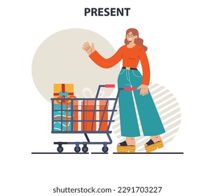 Happy people with gifts boxes. Character group holding, recieving or giving presents. Holiday event celebration or marketing promotion. Flat vector illustration