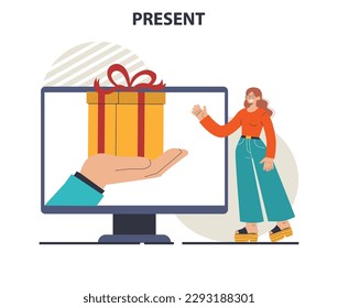 Happy people with gifts boxes. Character group holding, recieving or giving presents. Holiday event celebration or marketing promotion. Flat vector illustration