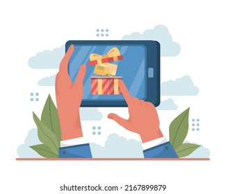 Happy people with gifts boxes set. Character group holding, recieving or giving presents. Holiday event celebration or marketing promotion. Flat vector illustration