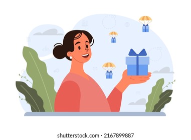 Happy people with gifts boxes set. Character group holding, recieving or giving presents. Holiday event celebration or marketing promotion. Flat vector illustration