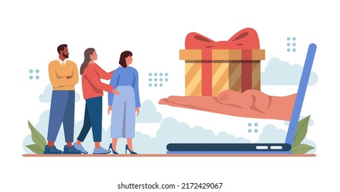 Happy people with gifts boxes set. Character group holding, recieving or giving presents. Holiday event celebration or marketing promotion. Flat vector illustration