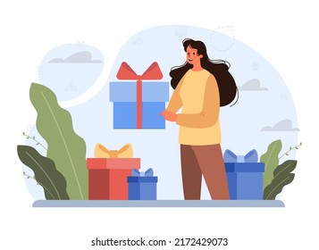 Happy people with gifts boxes set. Character group holding, recieving or giving presents. Holiday event celebration or marketing promotion. Flat vector illustration