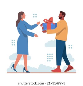 Happy people with gifts boxes set. Character group holding, recieving or giving presents. Holiday event celebration or marketing promotion. Flat vector illustration