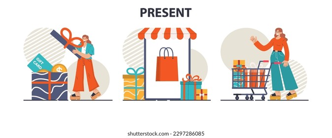 Happy people with gifts boxes set. Character group holding, recieving or giving presents. Holiday event celebration or marketing promotion. Flat vector illustration