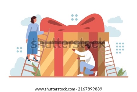 Happy people with gifts boxes set. Character group holding, recieving or giving presents. Holiday event celebration or marketing promotion. Flat vector illustration