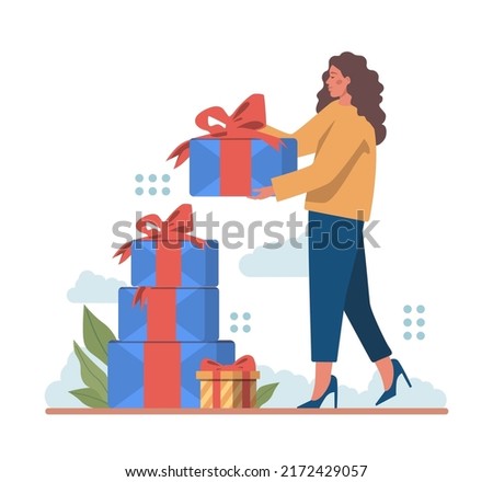 Happy people with gifts boxes set. Character group holding, recieving or giving presents. Holiday event celebration or marketing promotion. Flat vector illustration