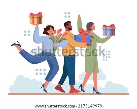 Happy people with gifts boxes set. Character group holding, recieving or giving presents. Holiday event celebration or marketing promotion. Flat vector illustration