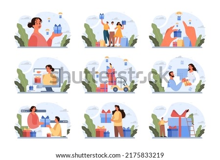 Happy people with gifts boxes set. Character group holding, recieving or giving presents. Holiday event celebration or marketing promotion. Flat vector illustration