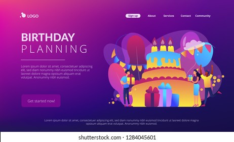 Happy people with gifts celebrating birthday at huge cake. Birthday party supplies, birthday party Invitations, birthday planning concept. Website vibrant violet landing web page template.