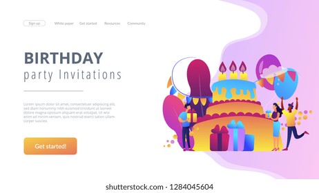 Happy people with gifts celebrating birthday at huge cake. Birthday party supplies, birthday party Invitations, birthday planning concept. Website vibrant violet landing web page template.