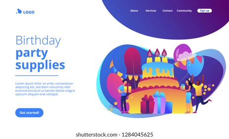Happy people with gifts celebrating birthday at huge cake. Birthday party supplies, birthday party Invitations, birthday planning concept. Website vibrant violet landing web page template.