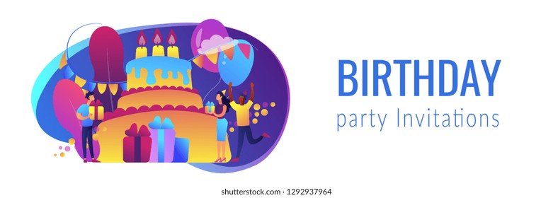 Happy people with gifts celebrating birthday at huge cake. Birthday party supplies, birthday party Invitations, birthday planning concept. Header or footer banner template with copy space.