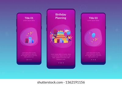 Happy people with gifts celebrating birthday at huge cake. Birthday party supplies, birthday party Invitations, birthday planning concept. Mobile UI UX GUI template, app interface wireframe