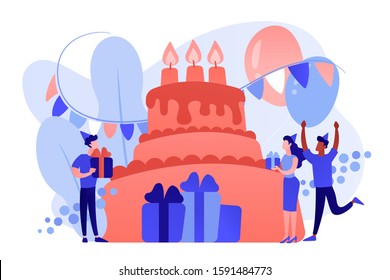 Happy people and gifts celebrating birthday at huge cake  Birthday party supplies  birthday party Invitations  birthday planning concept  Pinkish coral bluevector isolated illustration