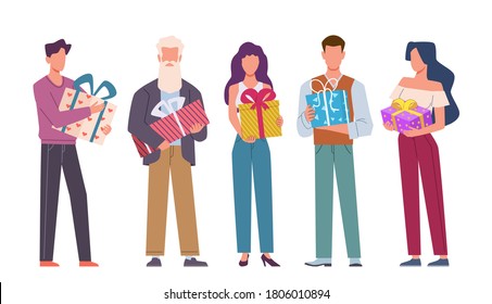 Happy people with gifts. Celebrating characters group holding presents, fun company holiday event congratulations and surprises friend, men and women on party colorful cartoon flat vector isolated set