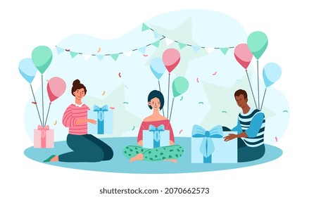 Happy people with gifts concept. Cheerful young men and women sit on floor and open large boxes with surprises. Anniversary celebration. Nice present. Cartoon colorful flat vector illustration