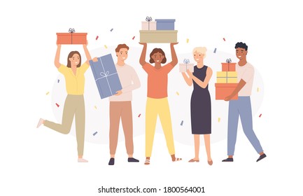 Happy people with gifts. Fun women and men holding gift boxes with presents, young guys congratulate friend, birthday party vector concept. Characters having festive event with falling confetti