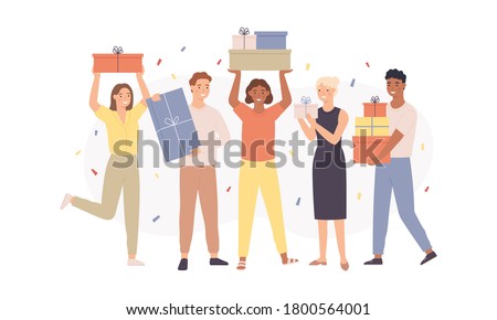 Happy people with gifts. Fun women and men holding gift boxes with presents, young guys congratulate friend, birthday party vector concept. Characters having festive event with falling confetti