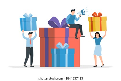 Happy People With Gifts. Huge Pile Of Gift Boxes. Birthday, Anniversary And Celebration. Women And Men Holding Gift Boxes With Presents In Their Hands. Vector Illustration.