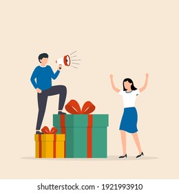 Happy people with gifts. Huge pile of gift boxes. Birthday, anniversary and celebration. Women and men holding gift boxes with presents in their hands. Vector illustration.