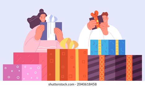 Happy people with gifts. Teens celebrate christmas, new year or birthday. Giant decoration gift boxes, prize or presents utter vector concept