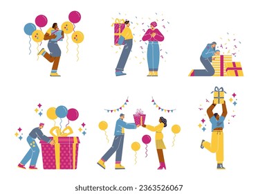 Happy people give gifts to each other. Excited men and women opens present box with bow. Holiday surprise, birthday celebration. Cartoon vector illustrations set with confetti, balls, garlands
