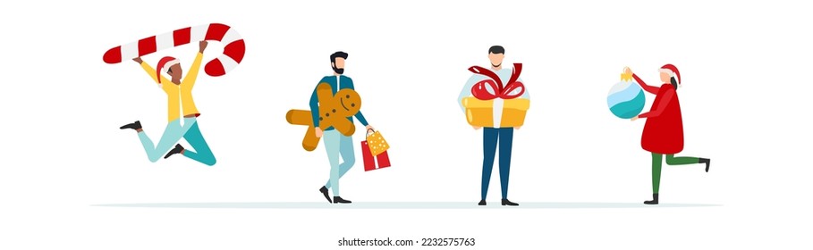 Happy people give gifts at New Year and Christmas corporate party. Vector.