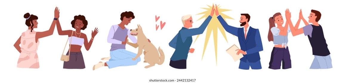 Happy people give high five set. Two friends, colleagues and business partners giving 5 and claps hands together, dog giving paw to boy in positive friendship gesture cartoon vector illustration