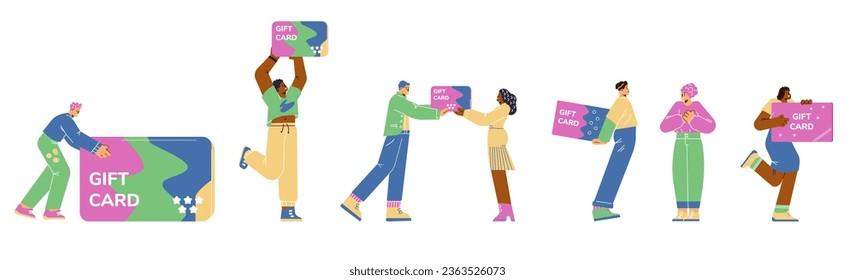 Happy people give huge gift cards to each other. Excited men and women receive present. Holiday surprise, birthday celebration, bonus or loyalty program. Cartoon vector illustrations set