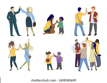 Happy people giving each other high five, vector flat isolated illustration. High five hand gesture between men women kids friends, mother and son, business people expressing joy. Friendship, success.