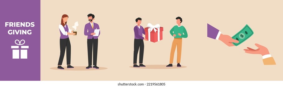 Happy people giving glass of coffee, present box and money to them friend. Friends giving set concept. Flat vector illustrations isolated. 