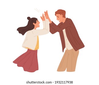 Happy people giving high five and celebrating achievement. Couple of man and woman gesturing hi. Concept of partnership and support. Color flat cartoon vector illustration isolated on white background