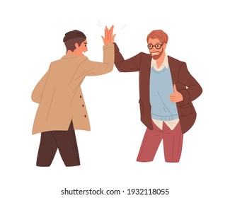 Happy people giving high five, celebrating achievement and success. Successful colleagues gesturing hi. Concept of partnership. Colored flat vector illustration isolated on white background.