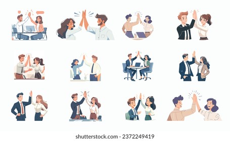 Happy people giving a high five. Expression of happiness, joy. Pack of cheerful friends and colleagues cartoon characters. Flat graphic vector illustrations isolated on white background.