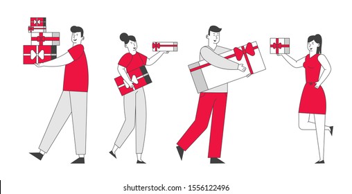 Happy People Giving Presents to Each Other. Male and Female Characters Walking with Gift Boxes. Men Women Greeting Family and Friends on Christmas Holidays. Cartoon Flat Vector Illustration, Line Art