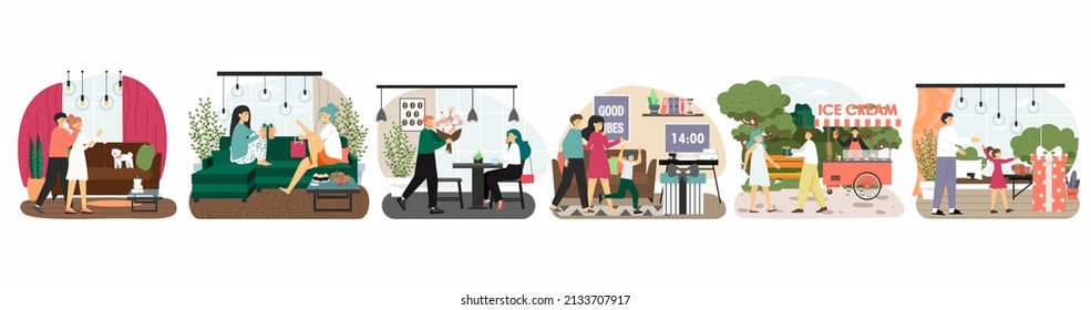 Happy people giving and receiving gifts and flowers, vector illustration. Surprise birthday, other holiday presents.