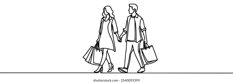 Happy people go with bags in their hands. Shopping in store. Vector illustration Continuous one line drawing