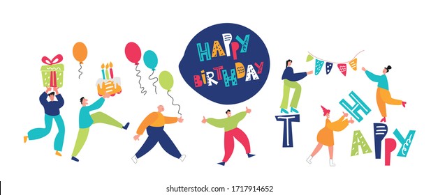 Happy people go to a holiday with a cake and a gift. Girls hang garlands. Birthday greetings for friends vector illustration