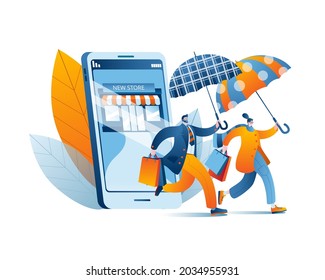 Happy people go out with purchases in an online store on a smartphone. The concept of a vector illustration in a flat style on the theme of the opening of an online store and autumn sales.