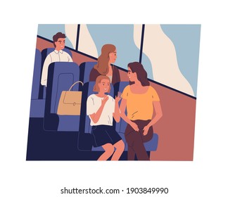 Happy people going by public transport. Passengers sitting inside bus talking, listening to music in earphones and looking through window. Colored flat vector illustration