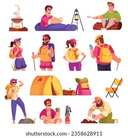 Happy people going hiking with various equipment for camping flat set isolated vector illustration