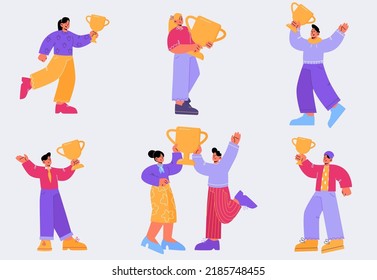 Happy people with gold cups, award trophies. Concept of business success, achievements and reward for win or best place. Vector flat illustration of characters with golden goblets
