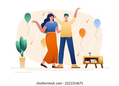 Happy people gradient concept with people scene in the flat cartoon style. Young couple having fun together. Vector illustration.