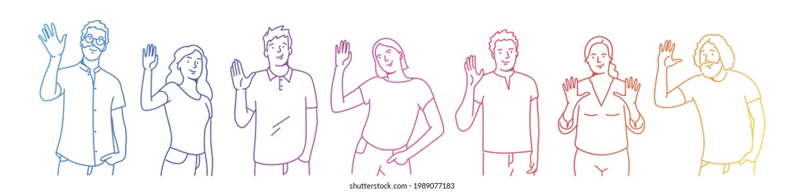 Happy people greeting gesture. Rainbow. Graphic design from colored lines.