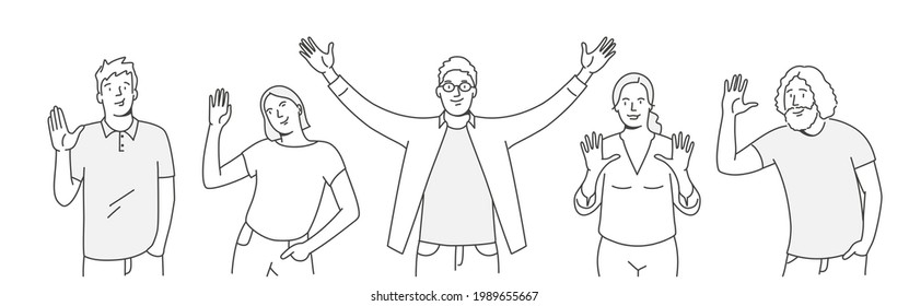 Happy people greeting gesture. Students saying hi, Hello, Welcome. Hand drawn vector illustration.