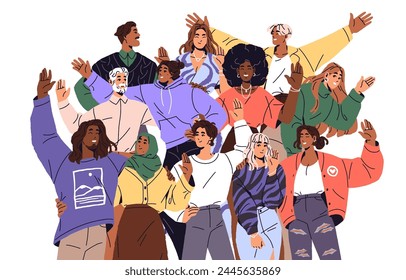 Happy people greeting, welcome. Crowd waving with hands up together. International team support. Group of diverse colleagues gesturing Hello. Flat isolated vector illustration on white background